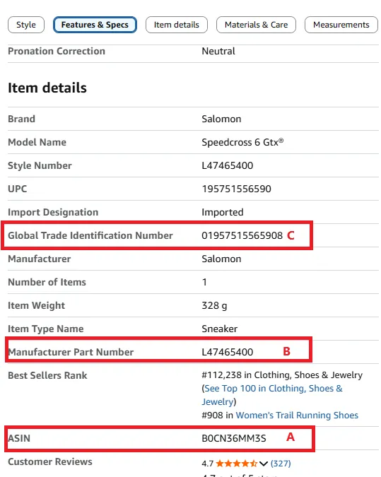 Additional examples of product identifiers on international e-commerce platforms