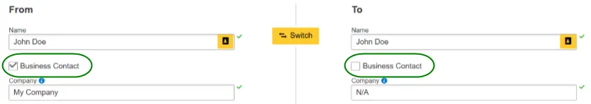 Example of business contact settings in ESHIP