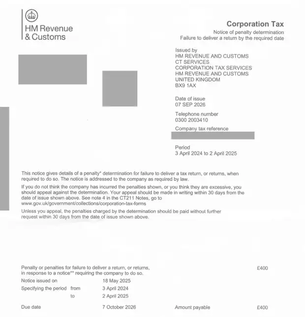 HMRC CT211 late-filing penalty notice