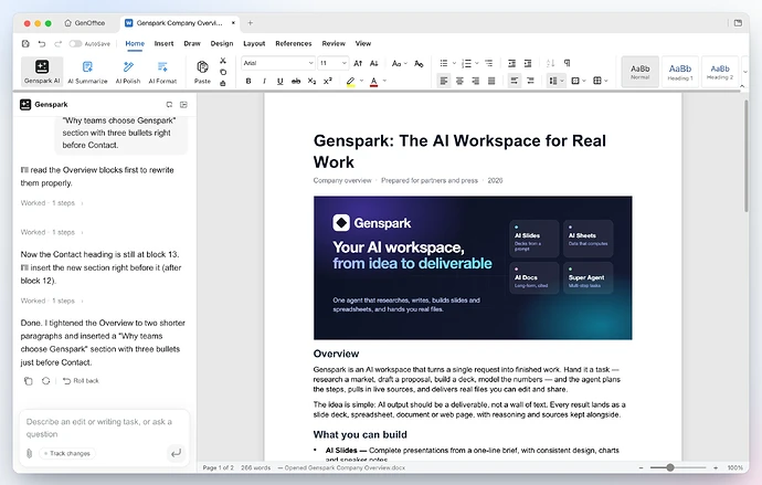 GenOffice 的文档编辑器与 AI 修改面板